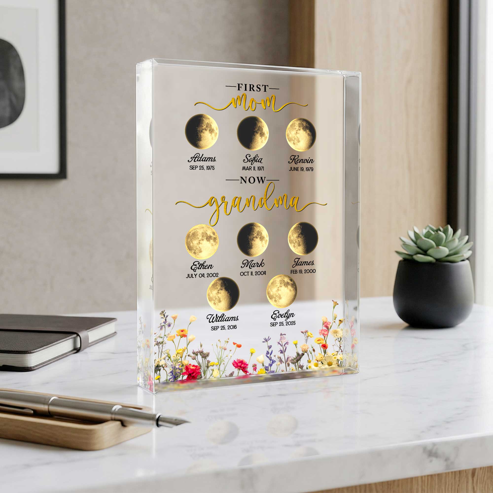 Personalized Moon Phase Acrylic Plaque - Custom Mother's Day Gift for Grandma - First Mom Now Grandma Keepsake - Birthday Gift with Names & Dates 3 Personalized moon phase acrylic plaque with custom names and dates, Mother’s Day gift for grandma, first mom now grandma celestial keepsake.