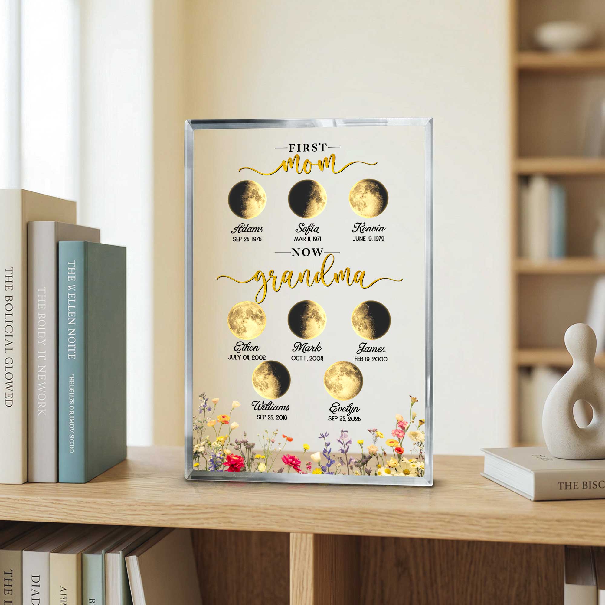 Personalized Moon Phase Acrylic Plaque - Custom Mother's Day Gift for Grandma - First Mom Now Grandma Keepsake - Birthday Gift with Names & Dates 4 Personalized moon phase acrylic plaque with custom names and dates, Mother’s Day gift for grandma, first mom now grandma celestial keepsake.