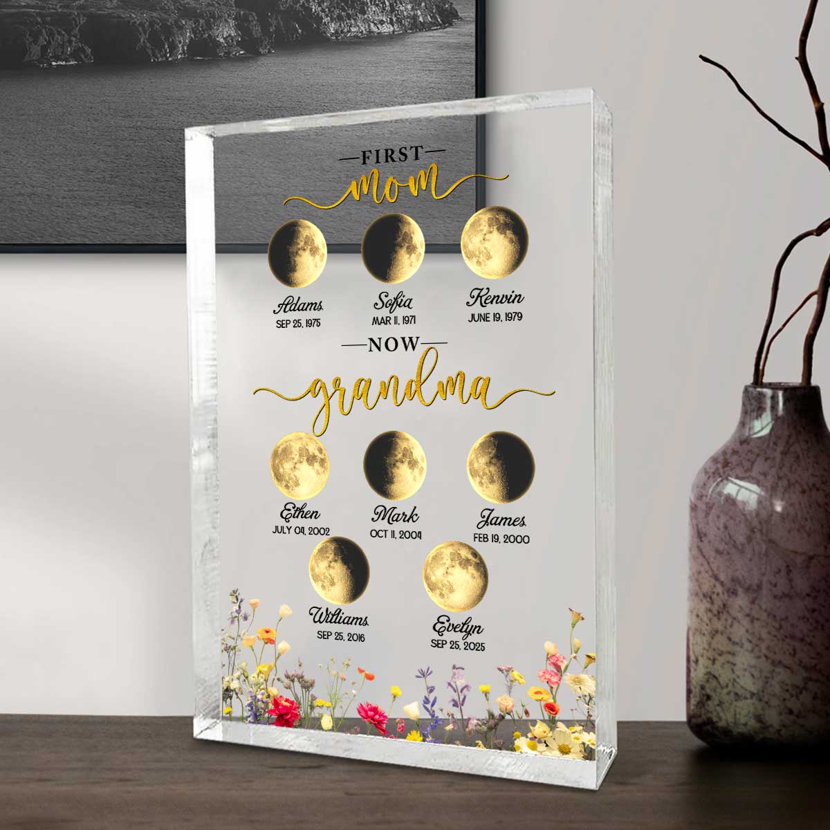 Personalized Moon Phase Acrylic Plaque - Custom Mother's Day Gift for Grandma - First Mom Now Grandma Keepsake - Birthday Gift with Names & Dates 7 Personalized moon phase acrylic plaque with custom names and dates, Mother’s Day gift for grandma, first mom now grandma celestial keepsake.