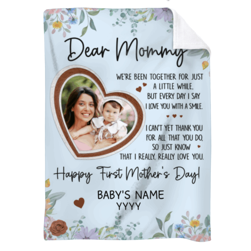 Personalized first Mothers Day photo blanket with custom image and text, soft keepsake gift for new mom from baby and husband, 2026 edition.