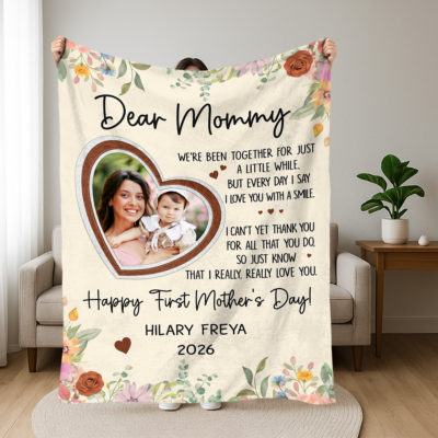 Personalized first Mothers Day photo blanket with custom image and text, soft keepsake gift for new mom from baby and husband, 2026 edition.