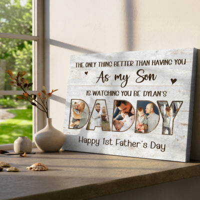 Custom daddy photo collage canvas with personalized images and “Watching You Be Daddy” quote, first Father’s Day gift for son, new dad keepsake.