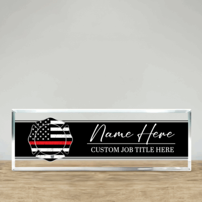 Custom Firefighter Name Plate for Desk with thin red line design, personalized desk sign, fire chief promotion or retirement gift.