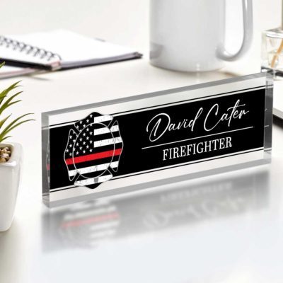 Custom Firefighter Name Plate for Desk with thin red line design, personalized desk sign, fire chief promotion or retirement gift.