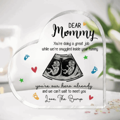 Personalized Twins Pregnancy Heart Acrylic Plaque - Mothers Day Gift for Mom To Be with twins ultrasound image, “Dear Mommy” message, and colorful icons, displayed as a pregnancy announcement gift for mom-to-be