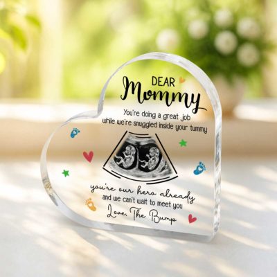 Personalized Twins Pregnancy Heart Acrylic Plaque - Mothers Day Gift for Mom To Be with twins ultrasound image, “Dear Mommy” message, and colorful icons, displayed as a pregnancy announcement gift for mom-to-be