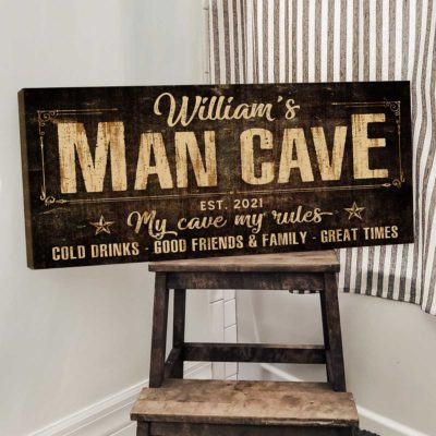 Personalized man cave sign with custom name and text, Father’s Day gift for dad or husband, man cave wall decor.