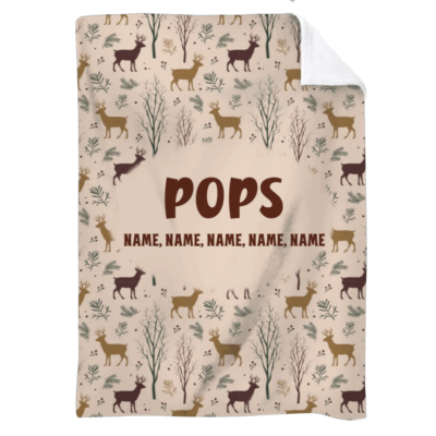 Hunting Grandpa Blanket with Grandkids Name - Fathers Day Gift for Grandpa with deer and forest pattern, grandpa's nickname, and grandkids names, held up in a cozy room as a Father’s Day gift for grandpa
