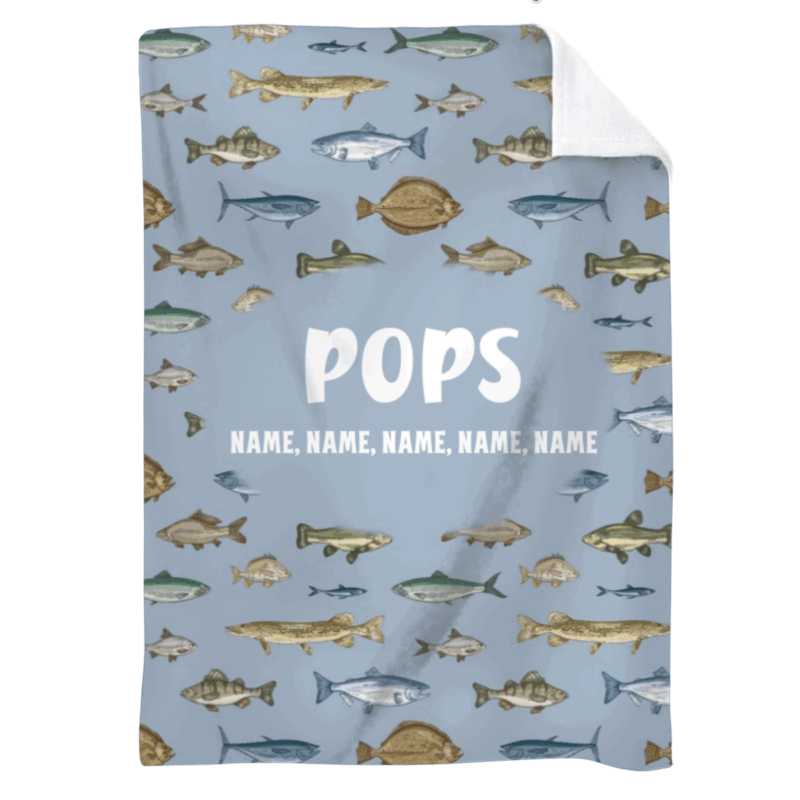 Custom Papa Fishing Blanket with Kids Name - Fathers Day Gift Gift for Grandpa with various fish illustrations, Grandpa's nickname, and grandkids names, held up indoors as a Father’s Day gift for grandpa