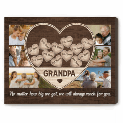 Personalized Grandpa Photo Collage Canvas Print - Fathers Day Grandpa Gift featuring a large heart filled with grandkids’ names, surrounded by family photos of a grandfather with children and grandchildren, set on a rustic wood-style background, a perfect birthday gift for papa