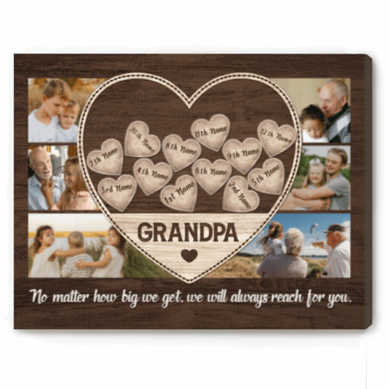 Personalized Grandpa Photo Collage Canvas Print - Fathers Day Grandpa Gift featuring a large heart filled with grandkids’ names, surrounded by family photos of a grandfather with children and grandchildren, set on a rustic wood-style background, a perfect birthday gift for papa