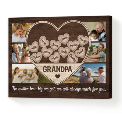 Personalized Grandpa Photo Collage Canvas Print - Fathers Day Grandpa Gift featuring a large heart filled with grandkids’ names, surrounded by family photos of a grandfather with children and grandchildren, set on a rustic wood-style background, a perfect birthday gift for papa