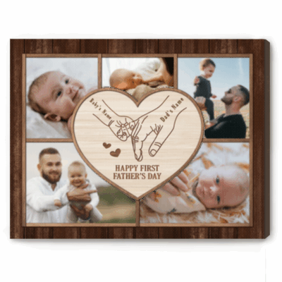 Personalized New Dad Photo Collage Canvas - 1st Fathers Day Gift featuring a central heart design with a dad and baby holding hands illustration, surrounded by photos of a new father with his baby, a perfect first time dad gift from baby