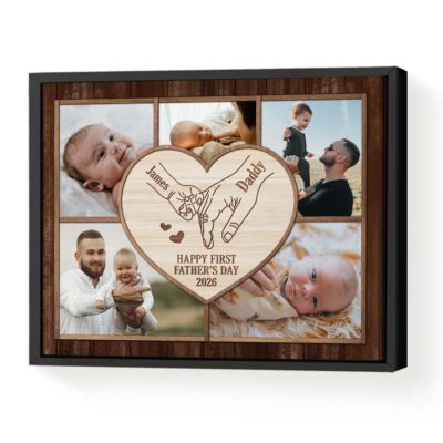 Personalized New Dad Photo Collage Canvas - 1st Fathers Day Gift featuring a central heart design with a dad and baby holding hands illustration, surrounded by photos of a new father with his baby, a perfect first time dad gift from baby