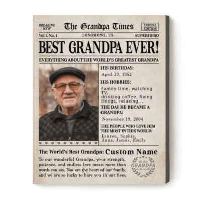 The Grandpa Times Photo Newspaper Canvas -Father's Day Gifts for Grandpa featuring the headline “Best Grandpa Ever,” a custom photo, and editable details like birthday, hobbies, grandchildren’s names, and special dates, designed as a vintage “Grandpa Times” front page print.