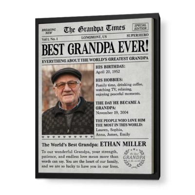 The Grandpa Times Photo Newspaper Canvas -Father's Day Gifts for Grandpa featuring the headline “Best Grandpa Ever,” a custom photo, and editable details like birthday, hobbies, grandchildren’s names, and special dates, designed as a vintage “Grandpa Times” front page print.
