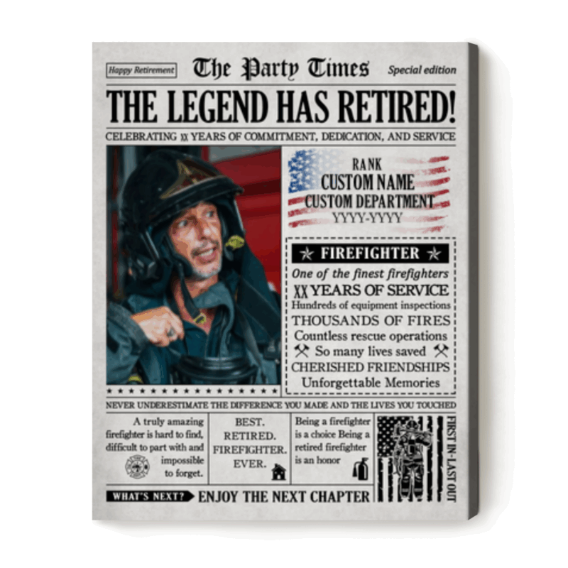 Personalized Firefighter Retirement Newspaper Cover Canvas, Custom Retirement Gift for Firefighter, Fireman Retirement Gift