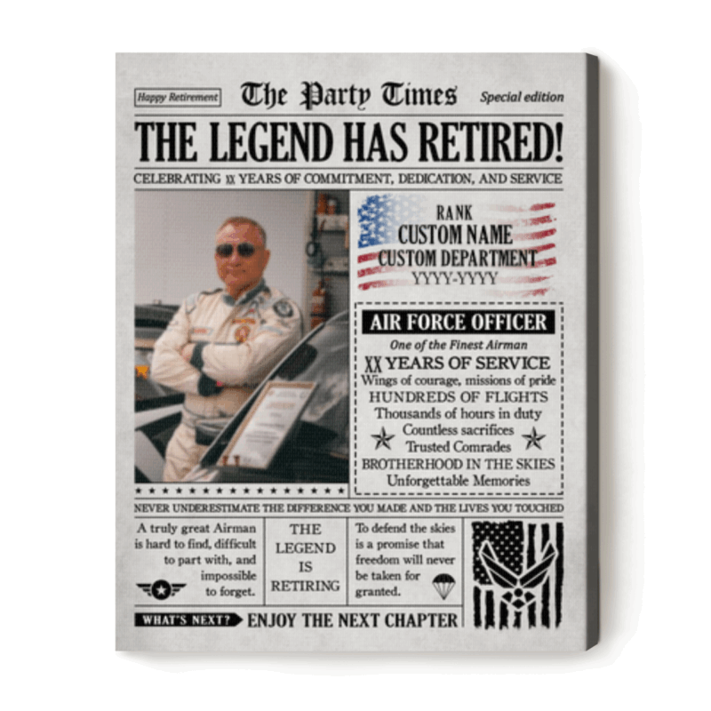 Air Force Retirement Personalized Newspaper Canvas, USAF Veteran Retirement Gift, Air Force Retirement Gifts, Military Retirement Gift