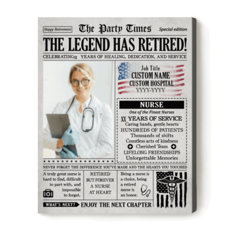 Personalized Nurse Retirement Newspaper Canvas, Nursing Retirement Gift, Retirement Gifts for Nurse, Medical Retirement Gift