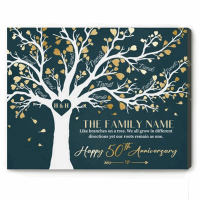 Personalized 50th Anniversary Gifts For Parents, Custom Family Name & Member Names Canvas, 50 Years Wedding Anniversary Family Tree Gift