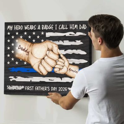 First Father's Day Gift for Cop Dad - Personalized Police Dad Fist Bump Canvas - Police Officer Gift for Dad - 1st Time Dad Gift Police