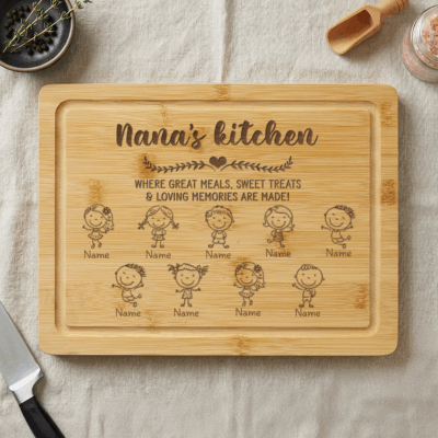 Nana's Kitchen Personalized Cutting Board - Gift for Grandma engraved with “Nana’s Kitchen,” custom grandkids names, stick-figure children illustrations, and heartfelt kitchen quote, displayed as a gift for grandma.