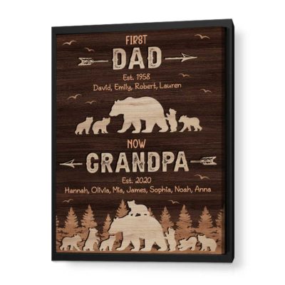 Custom First Dad Now Grandpa Canvas - Fathers Day Gift for Grandpa featuring “First Dad Now Grandpa” text, custom kids and grandkids names, bear family illustrations, and woodland background, designed as a sentimental Father’s Day gift for Grandpa.