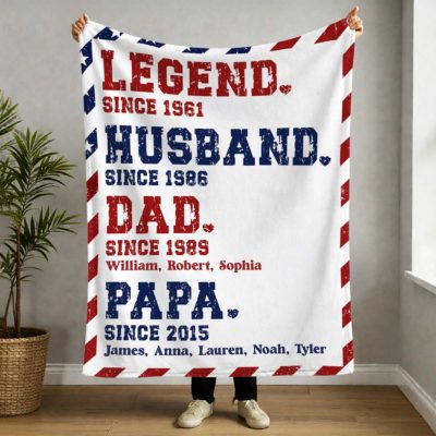 Legend Husband Father Grandpa Blanket - Fathers Day Gift for Grandpa featuring “Legend Husband Dad Papa” text, custom kids and grandkids names, milestone years, and colorful typography on a black background, designed as a Father’s Day gift for Grandpa.