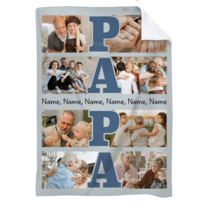 Personalized Papa Photo Collage Blanket - Fathers Day Gift for Grandpa featuring family pictures, custom grandkids names, and large “PAPA” lettering, designed as a sentimental Father’s Day gift for Grandpa from grandkids.