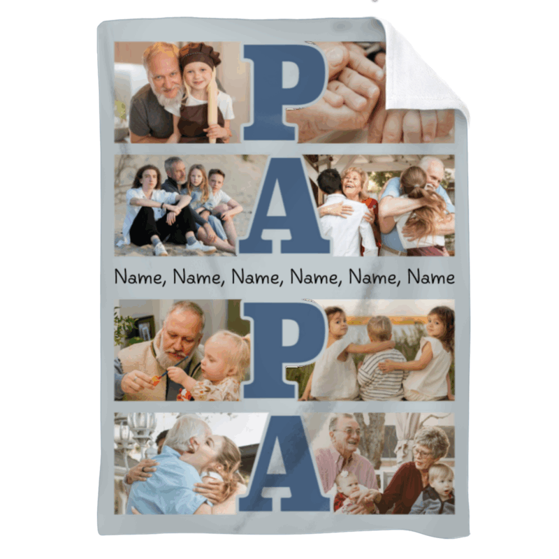 Personalized Papa Photo Collage Blanket - Fathers Day Gift for Grandpa featuring family pictures, custom grandkids names, and large “PAPA” lettering, designed as a sentimental Father’s Day gift for Grandpa from grandkids.
