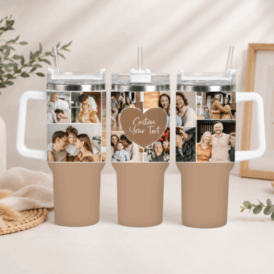 Personalized Photo Collage Tumbler – Custom Multiple Photos Tumbler With Text - Family Picture Travel Cup - Gift for Dad Mom