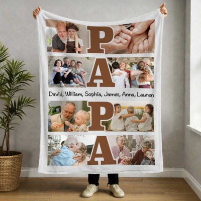 Personalized Papa Photo Collage Blanket - Fathers Day Gift for Grandpa featuring family pictures, custom grandkids names, and large “PAPA” lettering, designed as a sentimental Father’s Day gift for Grandpa from grandkids.
