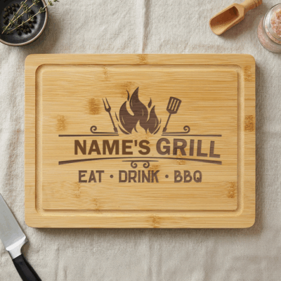 Personalized BBQ Grill Cutting Board – Custom Name Eat Drink BBQ Bamboo – Father's Day Gift for Grill Dad – BBQ Lover Birthday Gift