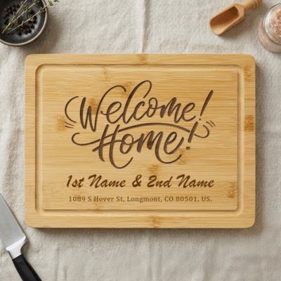Personalized Welcome Home Cutting Board - New Home Gift engraved with “Welcome Home!” custom names and address, rustic housewarming gift for new homeowners or realtor clients.