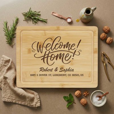 Personalized Welcome Home Cutting Board - New Home Gift engraved with “Welcome Home!” custom names and address, rustic housewarming gift for new homeowners or realtor clients.