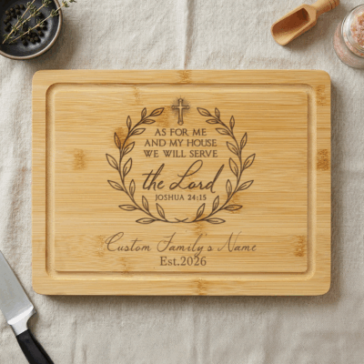 Custom Bible Verse Cutting Board - Christian Wedding Gift engraved with Bible verse Joshua 24:15, custom family name and established year, Christian wedding and housewarming gift.
