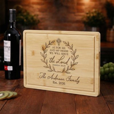 Custom Bible Verse Cutting Board - Christian Wedding Gift engraved with Bible verse Joshua 24:15, custom family name and established year, Christian wedding and housewarming gift.