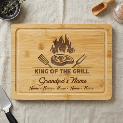 King of the Grill Cutting Board for Papa - Fathers Day Gift for Grandpa engraved with “King of the Grill,” custom papa name and grandkids names, Father’s Day BBQ gift for grandpa.