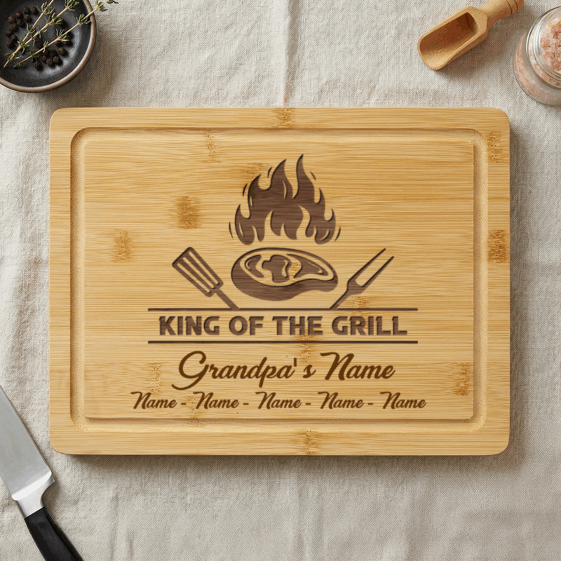 King of the Grill Cutting Board for Papa - Fathers Day Gift for Grandpa engraved with “King of the Grill,” custom papa name and grandkids names, Father’s Day BBQ gift for grandpa.