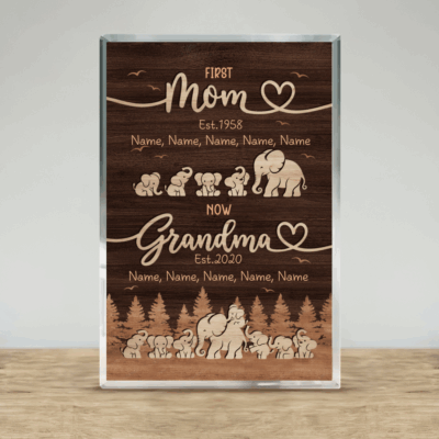 Personalized First Mom Now Grandma Elephant Plaque - Mothers Day Gift for Grandma with custom grandkids names, woodland elephant family design, and sentimental gift message for grandma.