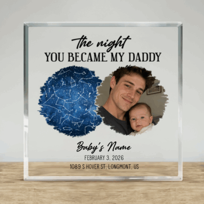 The Day You Became My Daddy Acrylic Plaque - First Fathers Day Gift from Baby featuring custom star map, baby photo, daddy name, special date, and location with “The Night You Became My Daddy” quote for First Father’s Day gift.