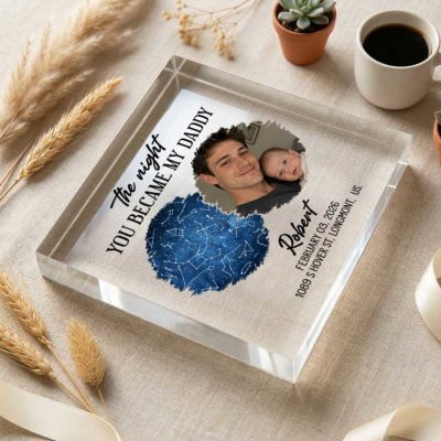 The Day You Became My Daddy Acrylic Plaque - First Fathers Day Gift from Baby featuring custom star map, baby photo, daddy name, special date, and location with “The Night You Became My Daddy” quote for First Father’s Day gift.