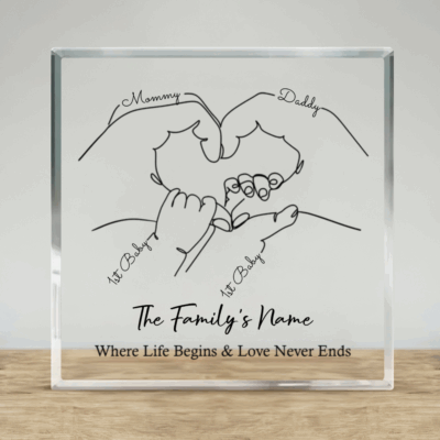 Personalised Family Hand Line Acrylic Plaque - Gift for Family with minimalist family hand line art, personalized family names, family surname, and “Where Life Begins & Love Never Ends” quote gift for parents and family.