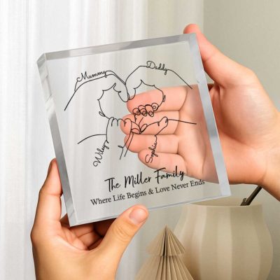 Personalised Family Hand Line Acrylic Plaque - Gift for Family with minimalist family hand line art, personalized family names, family surname, and “Where Life Begins & Love Never Ends” quote gift for parents and family.