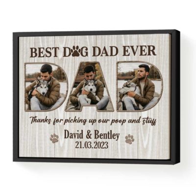 Personalized Best Dog Dad Ever Photo Canvas - Pet Lover Gift featuring pet photo collage, personalized pet names, meaningful date, and funny “Best Dog Dad Ever” quote for Father’s Day gift.