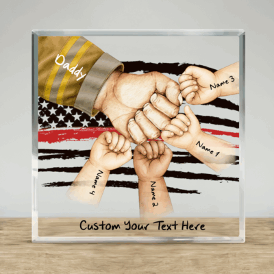 Personalized Firefighter Dad Acrylic Plaque – Thin Red Line Father's Day Gift - Custom Fist Bump Gift with Children's Names