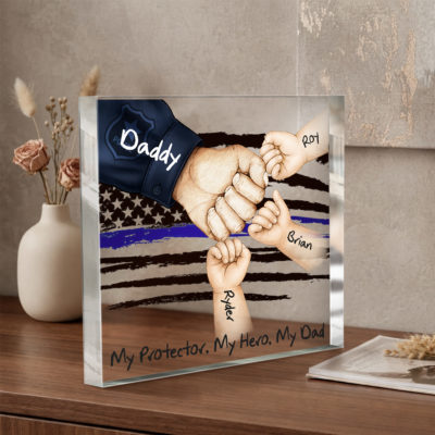 Personalized Police Dad Acrylic Plaque - Thin Blue Line Father's Day Gift - Custom Fist Bump Gift with Children's Names