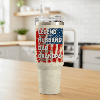 Personalized Grandpa Tumbler With Handle - Grandpa Father's Day Gifts - Custom Dad Grandpa Gift - Patriotic American Flag Travel Cup