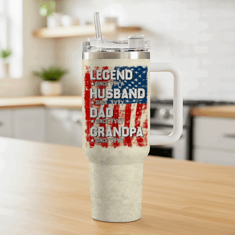 Personalized Grandpa Tumbler With Handle - Grandpa Father's Day Gifts - Custom Dad Grandpa Gift - Patriotic American Flag Travel Cup