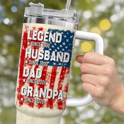 Benicee Shop 269 Personalized Grandpa Tumbler With Handle - Grandpa Father's Day Gifts - Custom Dad Grandpa Gift - Patriotic American Flag Travel Cup